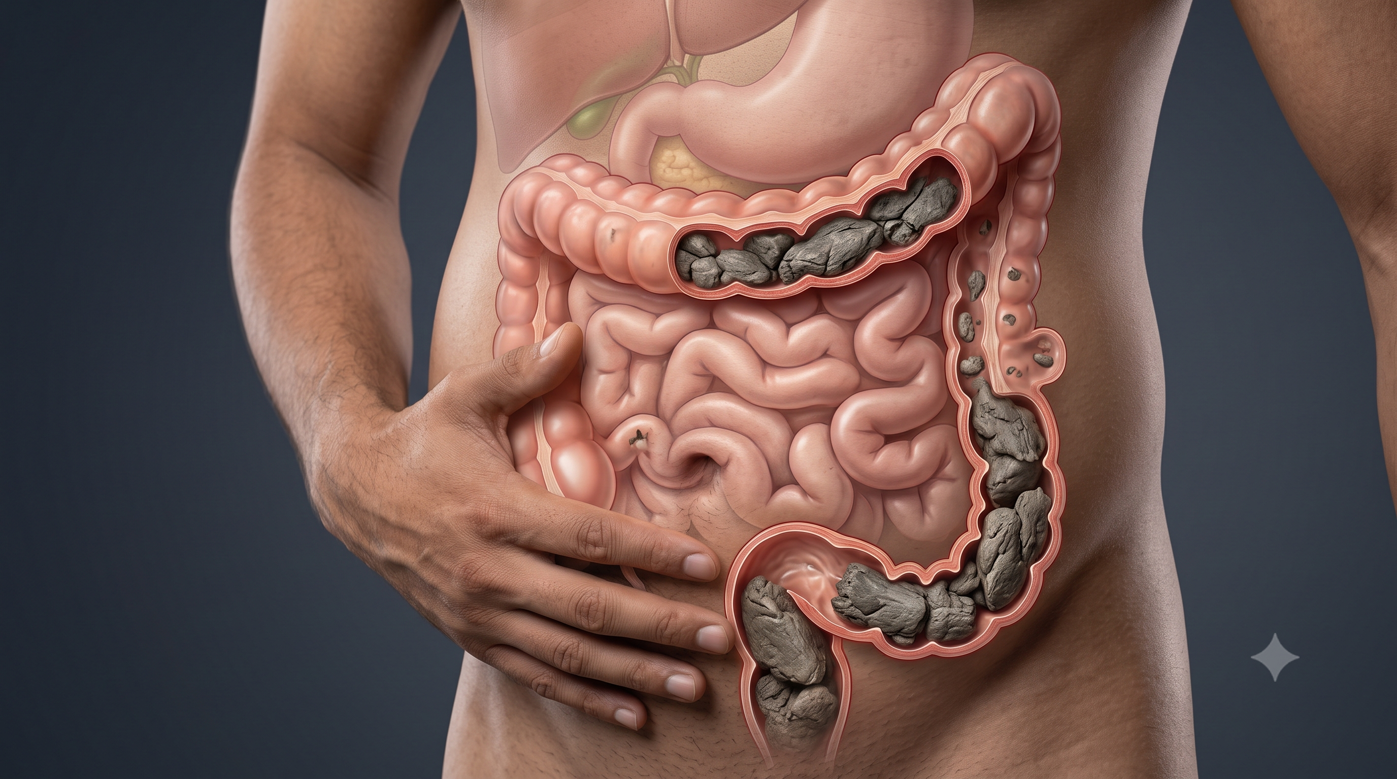 Slow movement of hard stool through the colon representing constipation