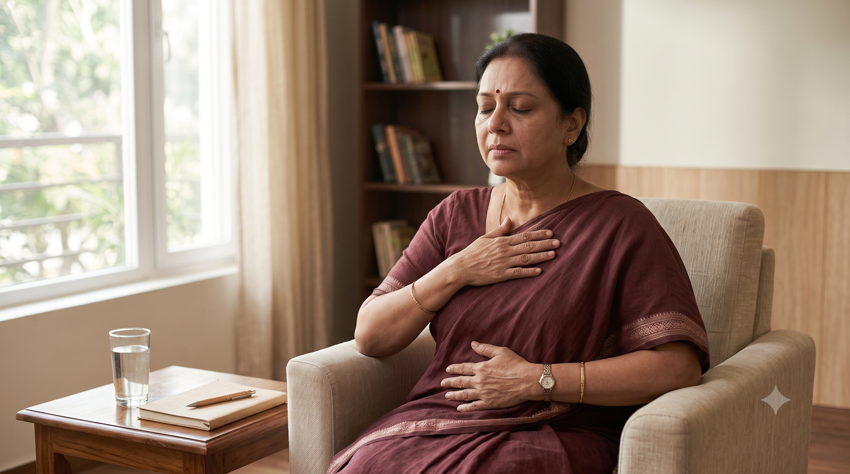 Person practicing controlled breathing as a stress coping strategy