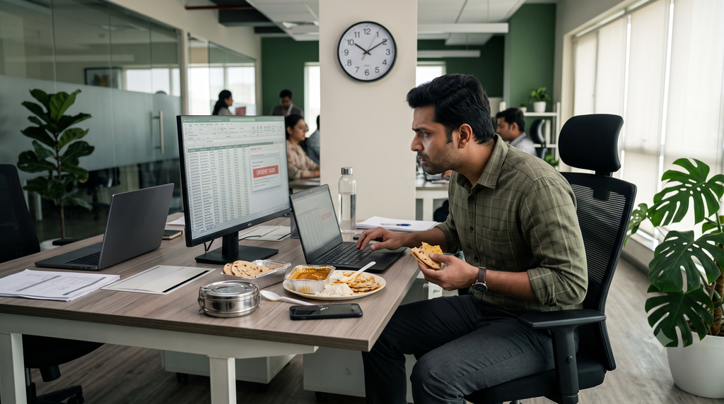 Person hurriedly eating a meal at work representing rushed eating patterns