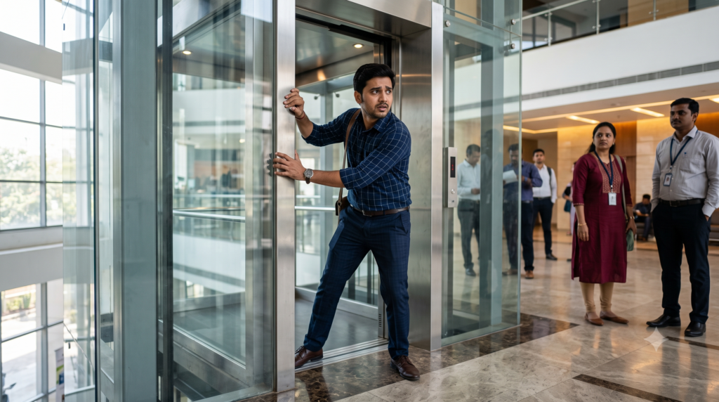 Person experiencing intense fear of entering an elevator