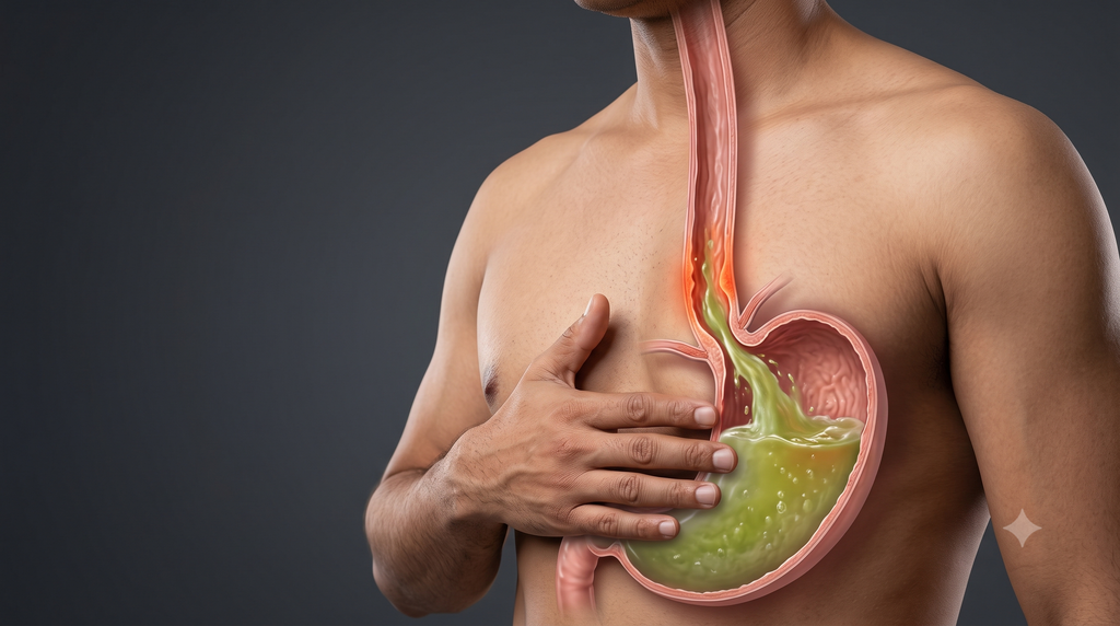 Stomach acid flowing into the oesophagus in GERD