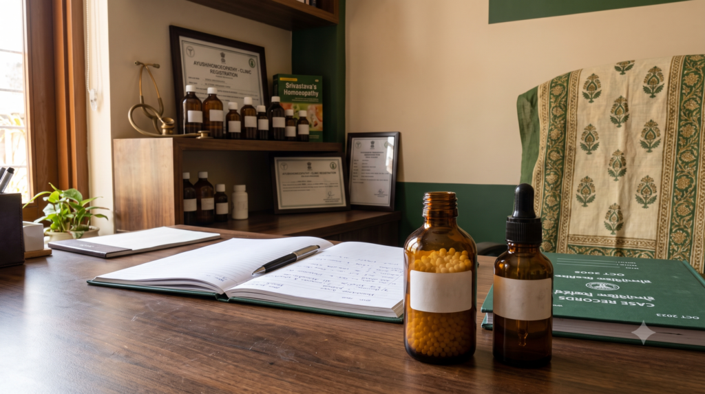Homoeopathic remedy and case-taking materials representing Homoeopathic care