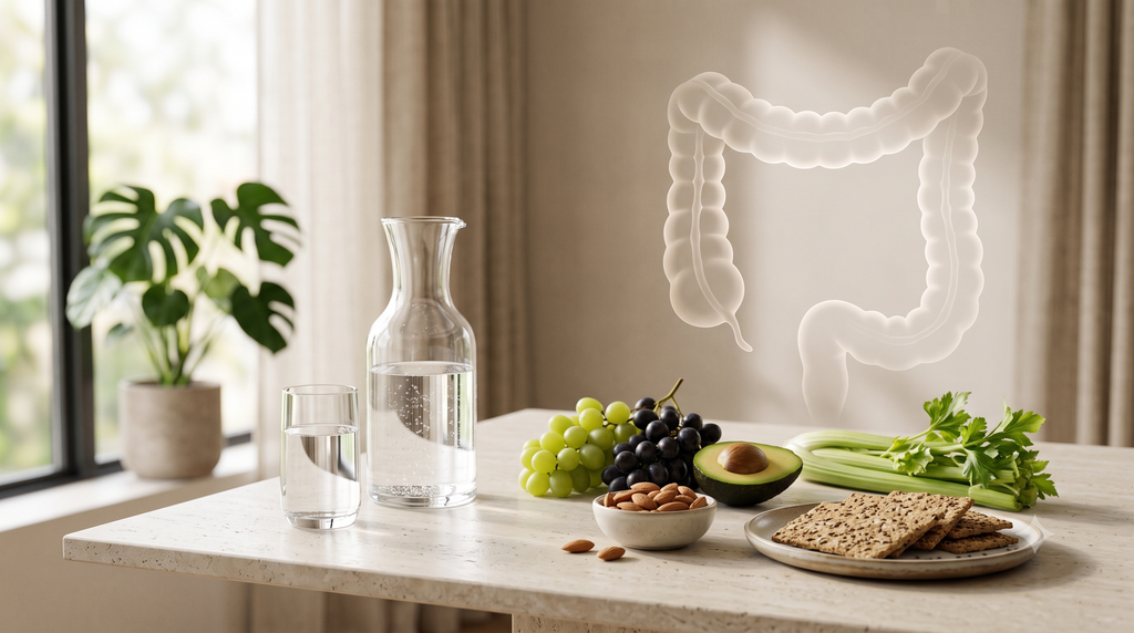 Water and fibre-rich foods representing hydration and bowel health