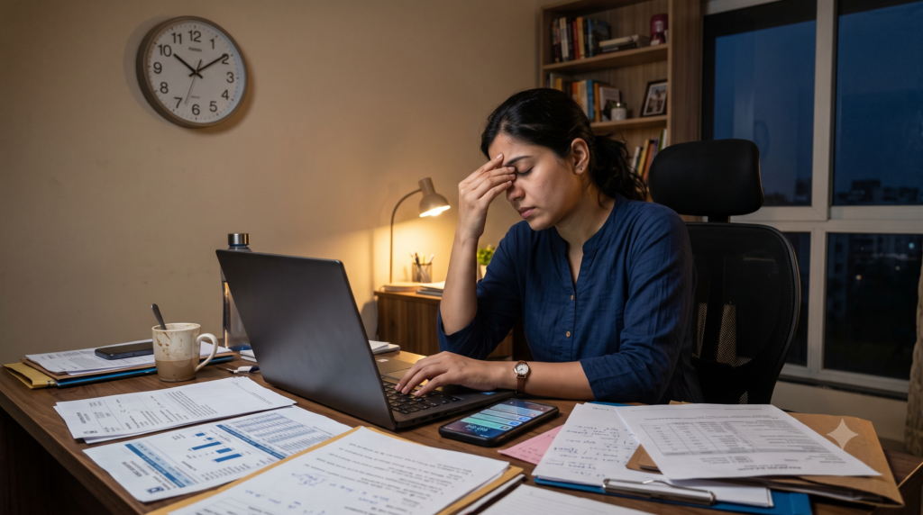 Exhausted professional working late and experiencing work-life imbalance
