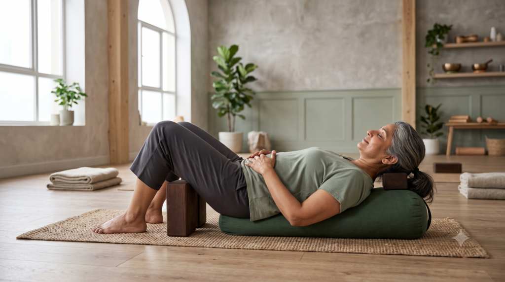 Person performing a supported therapeutic yoga posture