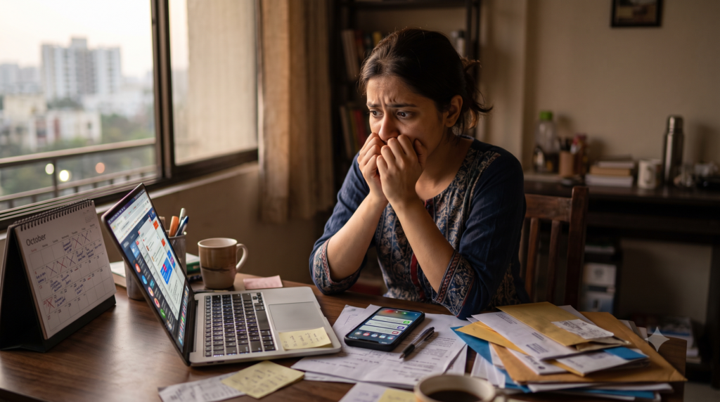 Person experiencing anxiety and excessive worry while surrounded by everyday tasks
