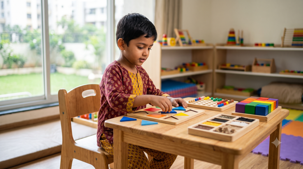 Child concentrating on a structured activity during developmental assessment