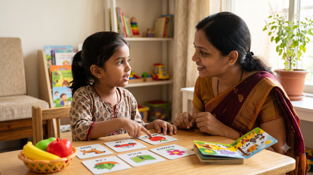 Child practising speech and communication using picture cards