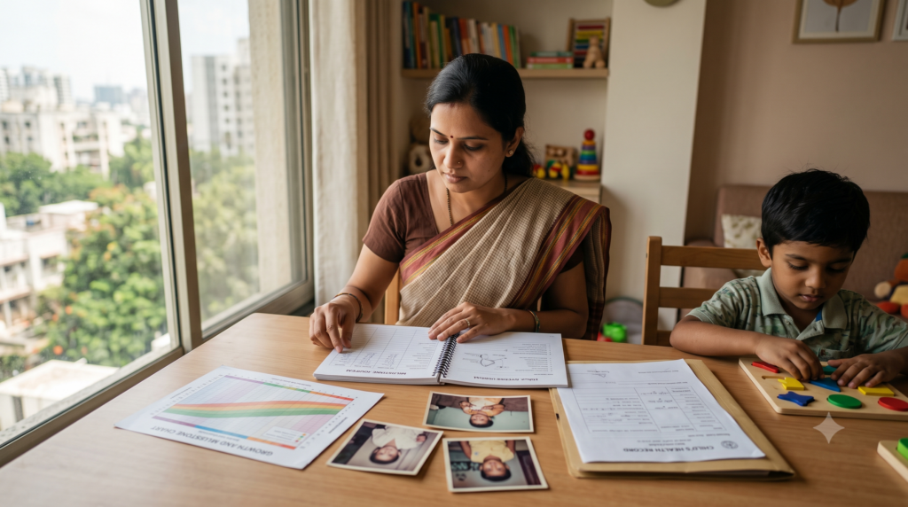Parent reviewing a child's developmental milestones and health history