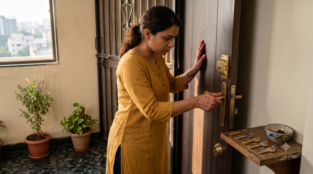 Person repeatedly checking a locked door as an example of compulsive behaviour