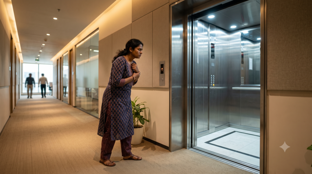 Person experiencing fear and hesitation before entering an elevator