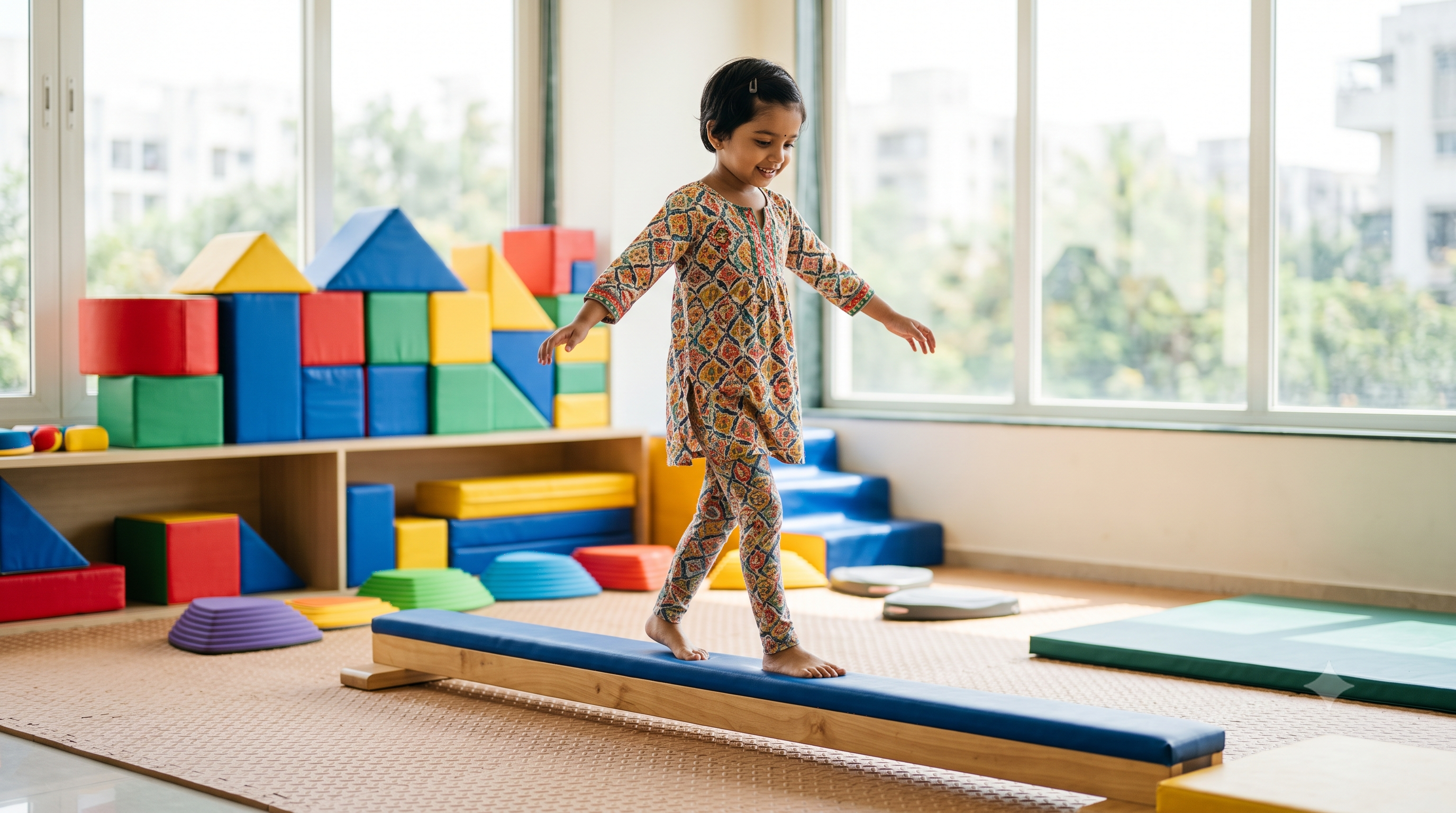 Child practising balance and coordination during a physical development activity