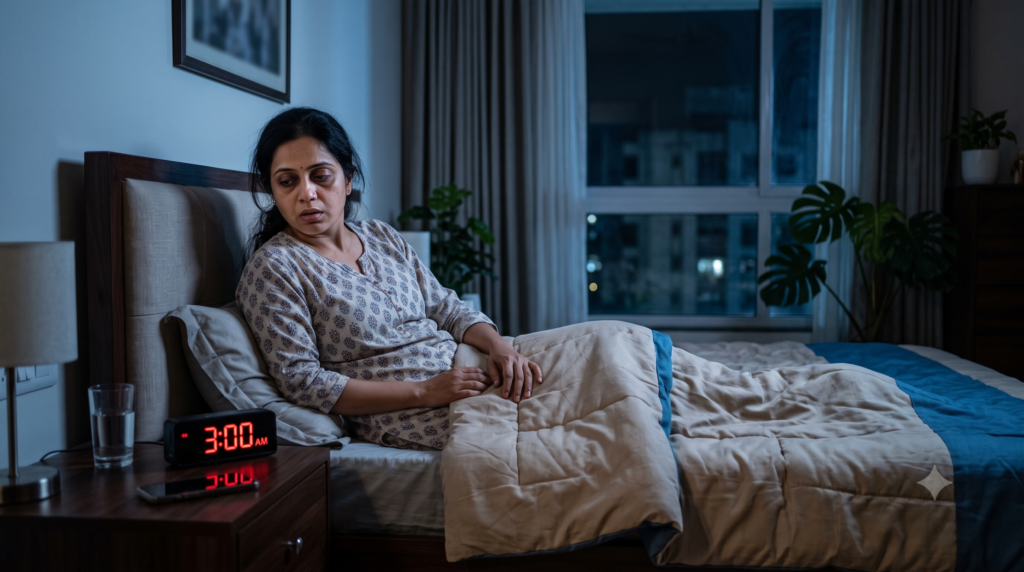 Person awake in bed at night experiencing difficulty sleeping