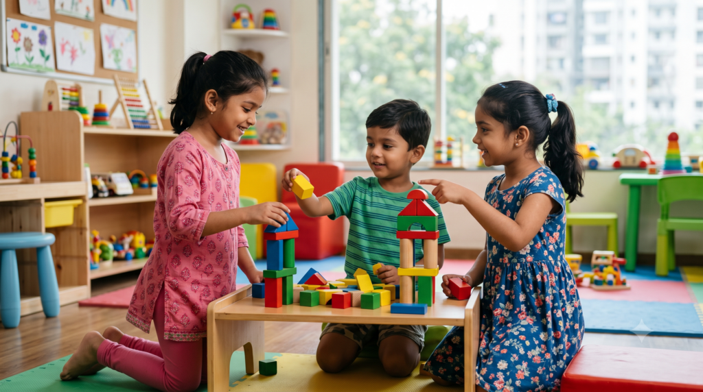 Children interacting and cooperating during a social development activity