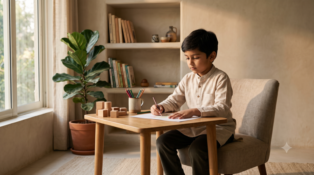 Child engaged in a calm activity representing emotional well-being