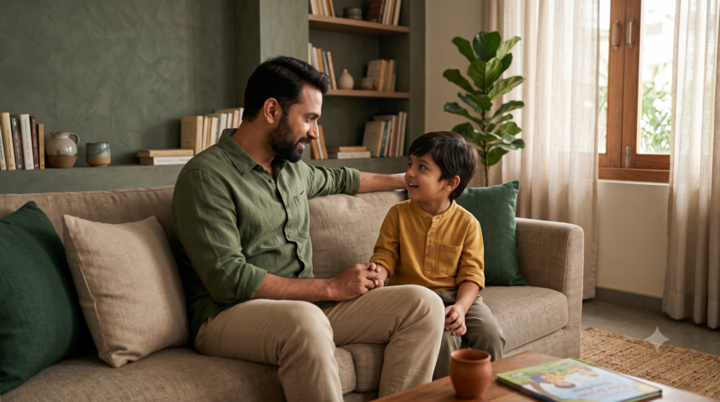 Parent and child having a warm and attentive conversation