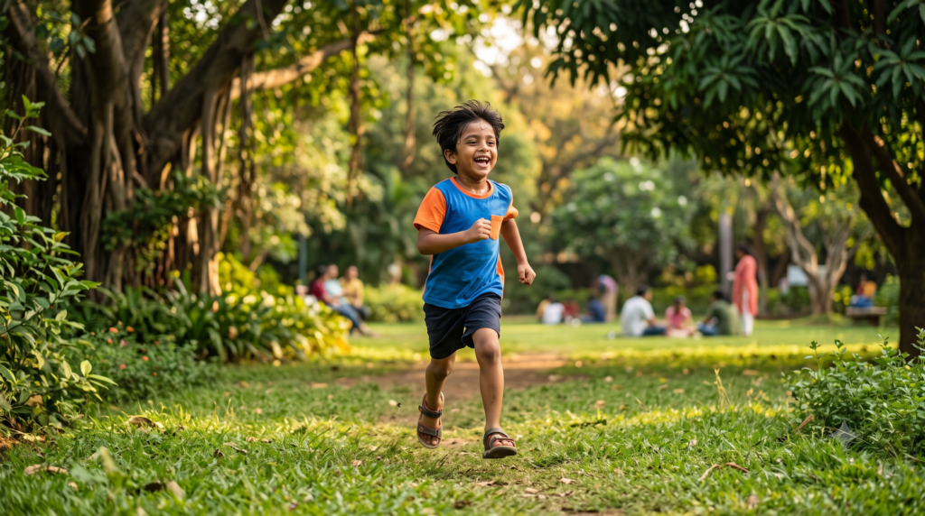 Indian child playing outdoors and representing healthy childhood