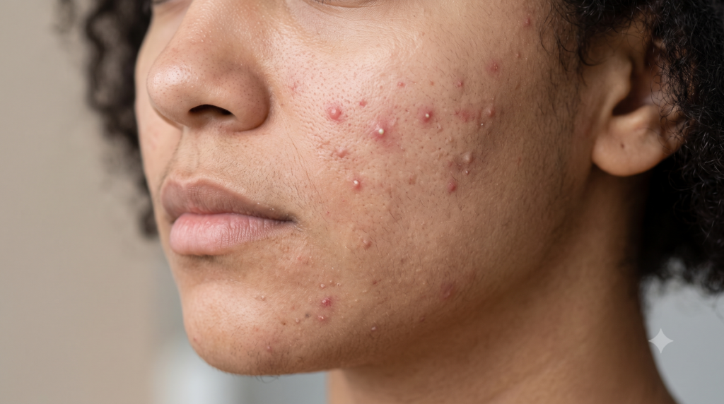 Facial skin showing mild acne and blemishes