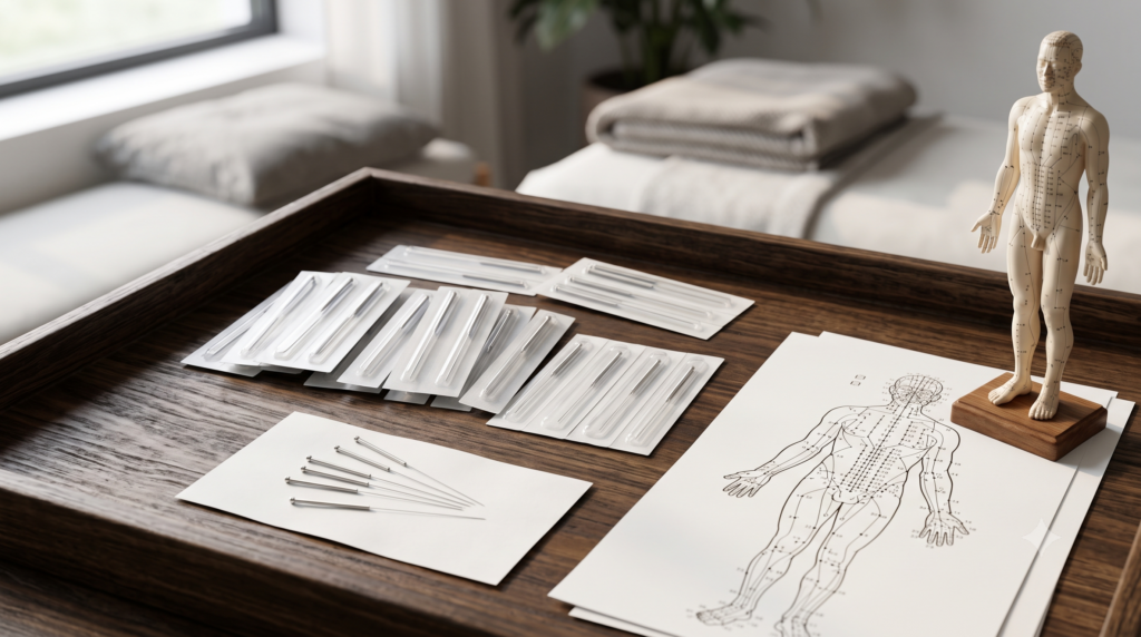 Acupuncture needles and meridian chart arranged for acupuncture treatment