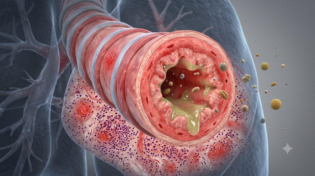 Medical visualization of inflamed and narrowed bronchial airways in allergic bronchitis