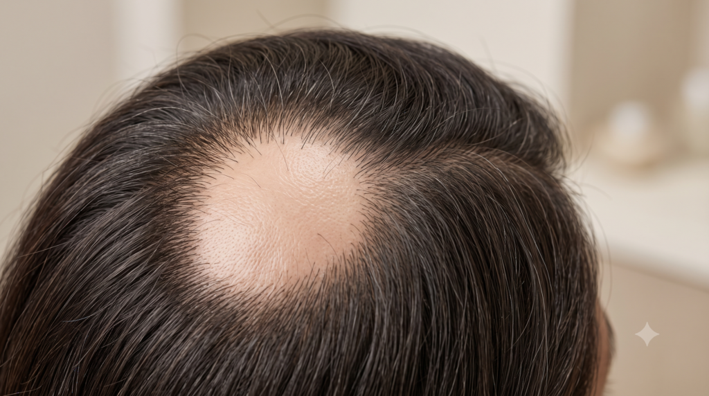 Localized patch of hair loss associated with alopecia