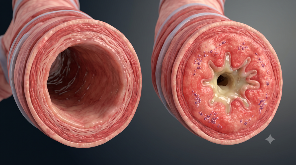 Comparison of an open bronchial airway and a narrowed airway associated with asthma