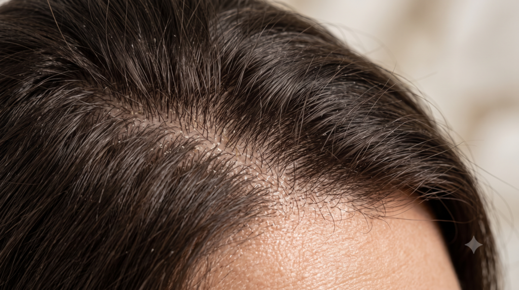 Scalp showing mild dandruff flakes and oily roots