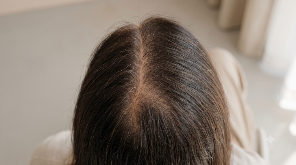 Diffuse hair thinning and widened parting in female pattern hair loss