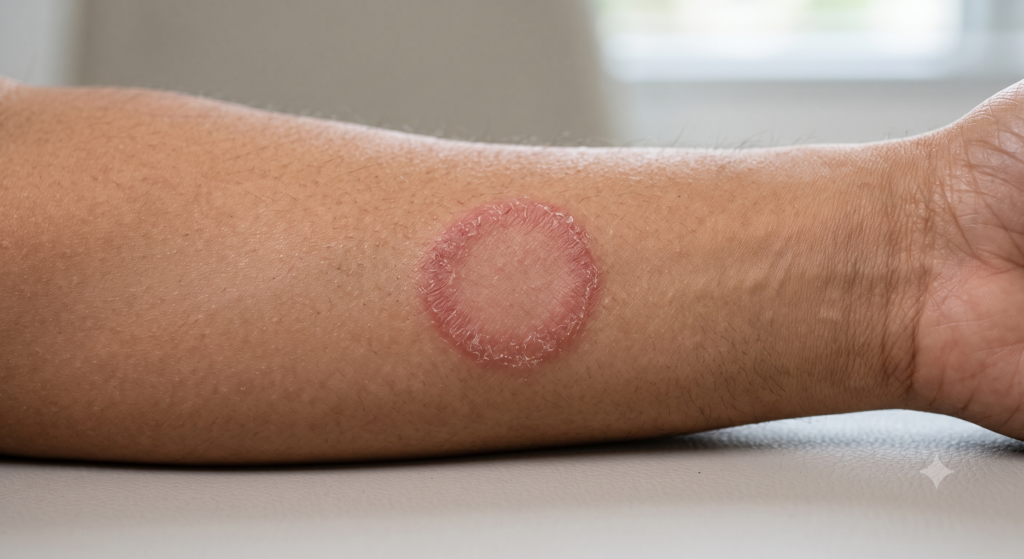 Circular scaly skin patch representing a superficial fungal infection