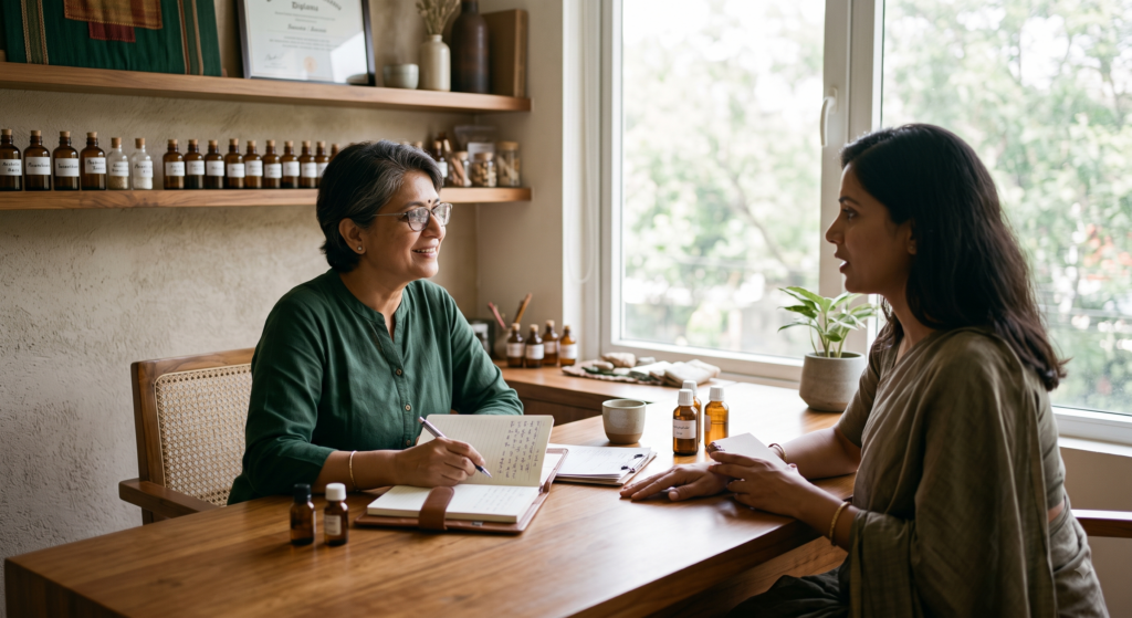 Homoeopathic practitioner consulting with a patient at PRANA