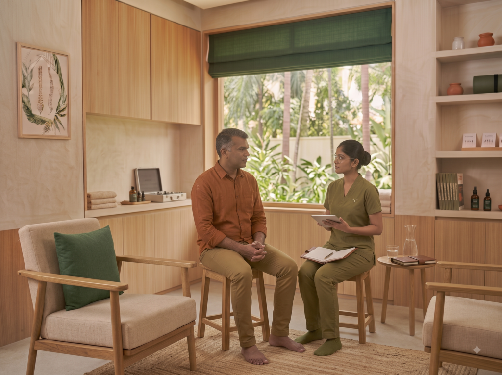 Osteopathic practitioner discussing a patient's previous injury history