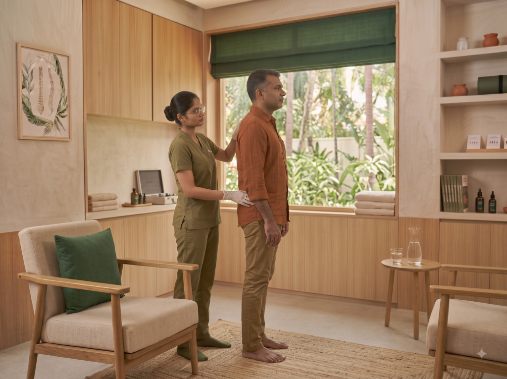 Osteopathic practitioner assessing a patient's standing posture