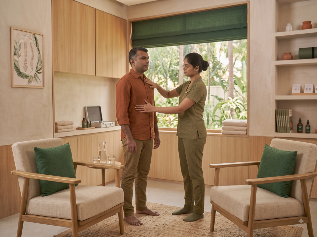 Osteopathic practitioner assessing a patient's breathing movement