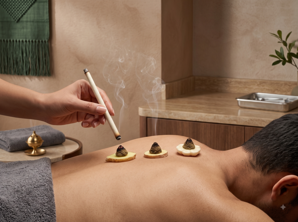 Moxibustion therapy using warming herbal moxa near acupuncture points
