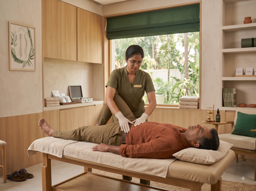 Osteopathic practitioner assessing spinal and pelvic movement