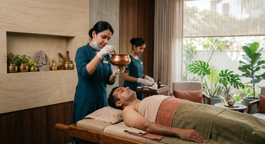 Ayurvedic practitioner providing therapeutic treatment at PRANA