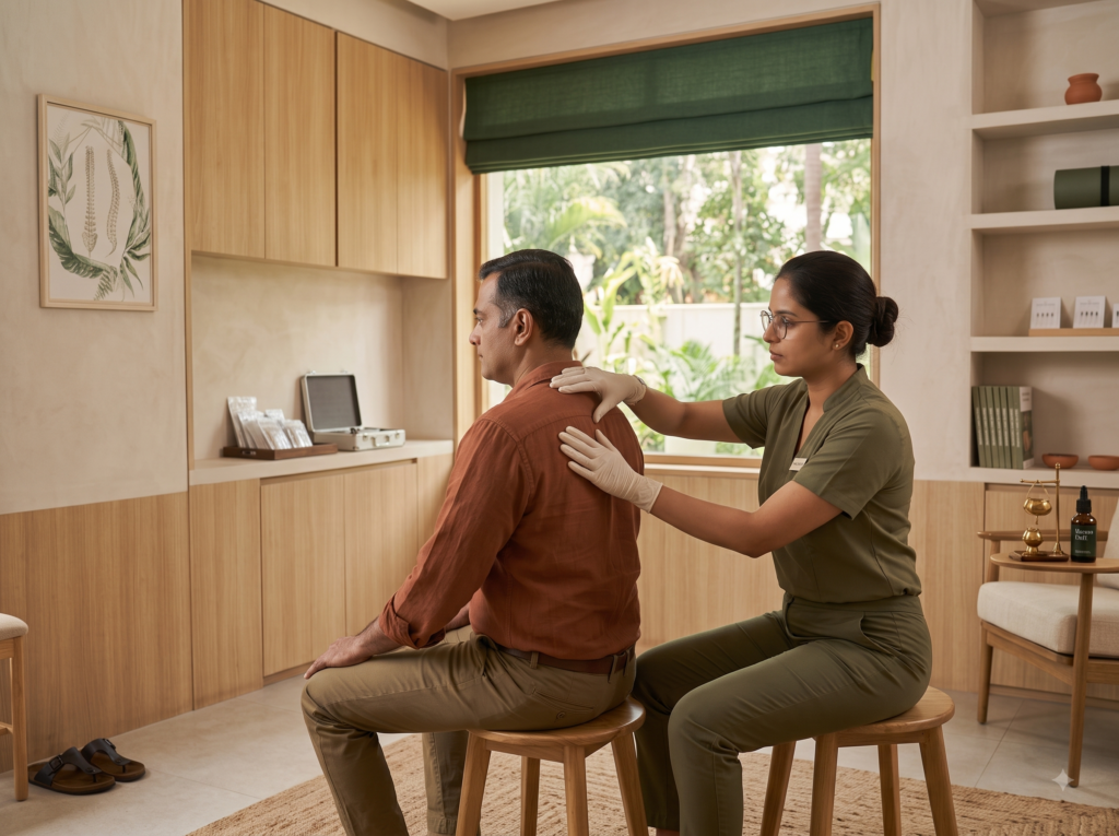 Osteopathic practitioner assessing soft-tissue tension in a patient's upper back