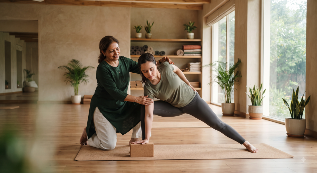 Yoga therapist guiding a patient through a therapeutic posture at PRANA