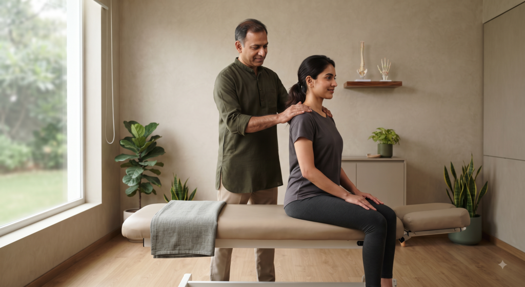 Practitioner assessing a patient's spinal alignment at PRANA