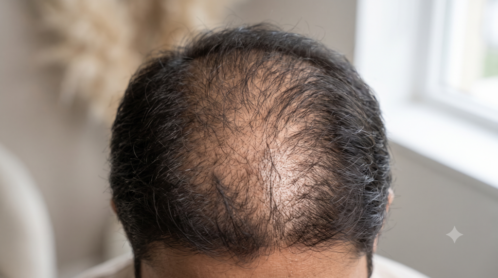 Reduced hair density showing visible scalp through thinning hair
