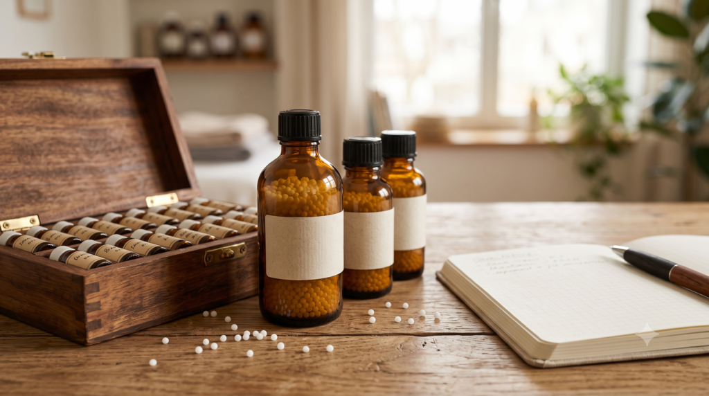 Homoeopathic medicine bottles and remedy globules arranged on a wooden table