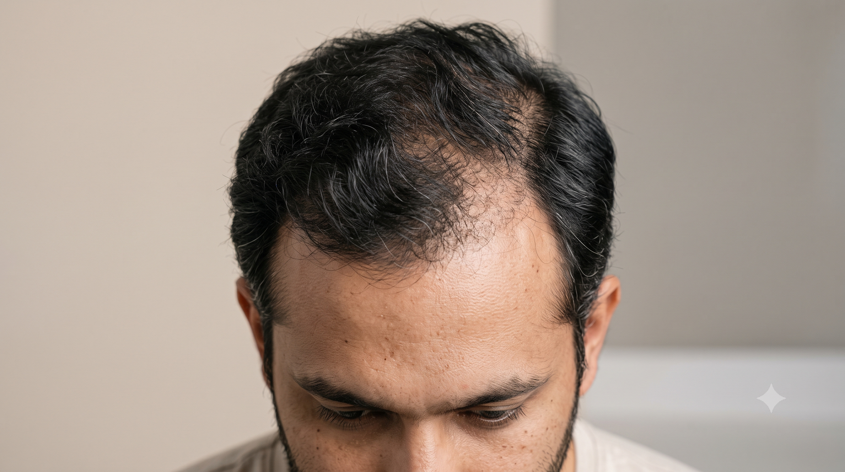 Male pattern hair thinning at the temples and crown