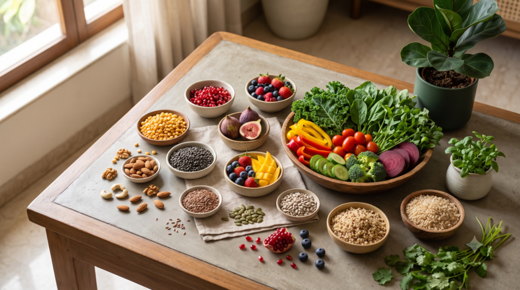 Nutrient-rich foods supporting healthy skin and hair