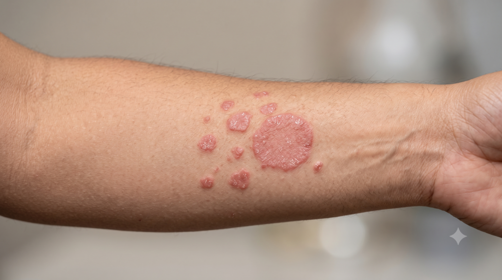 Localized scaly skin plaque representing psoriasis
