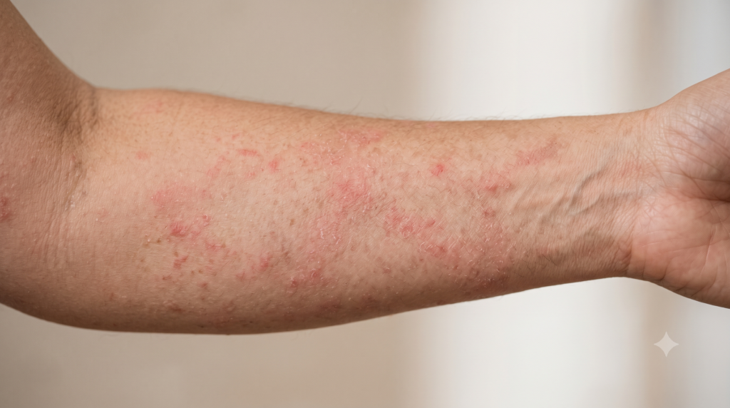 Skin showing recurring areas of mild redness and irritation
