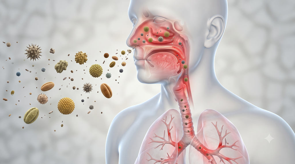 Medical illustration showing airborne allergens affecting the respiratory airways