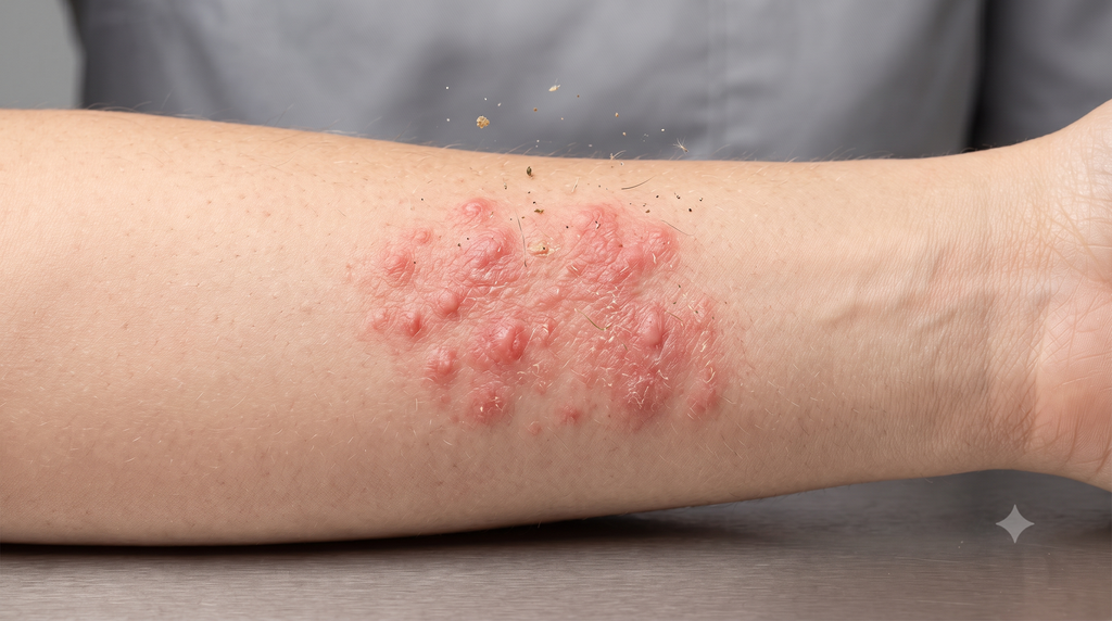 Close-up of irritated skin showing a visible allergic skin reaction