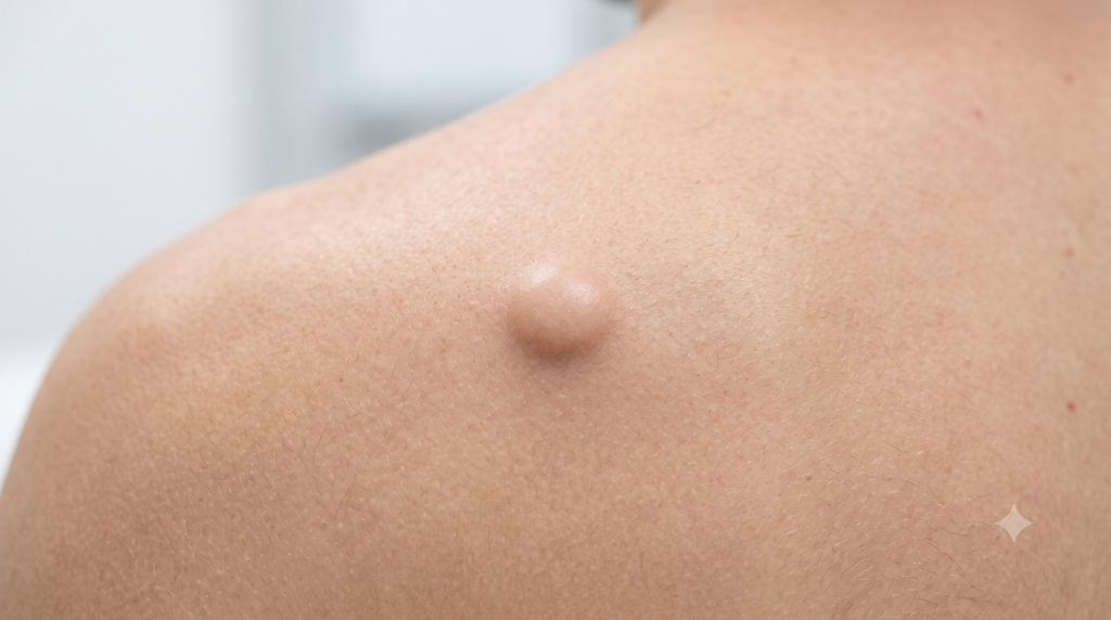 Small skin cyst appearing as a rounded raised area beneath the skin