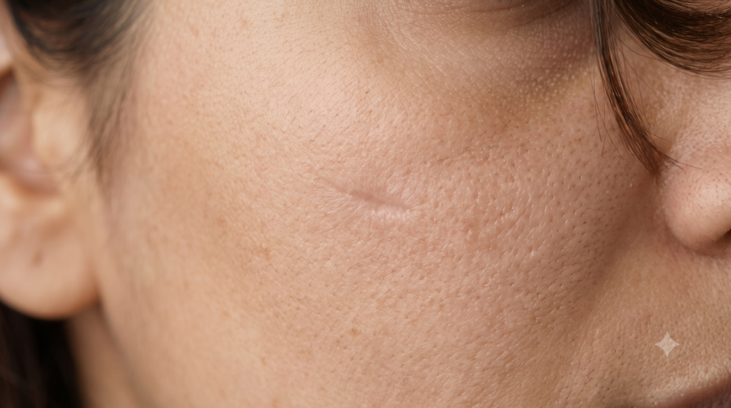 Healed skin scar with visible changes in texture and pigmentation