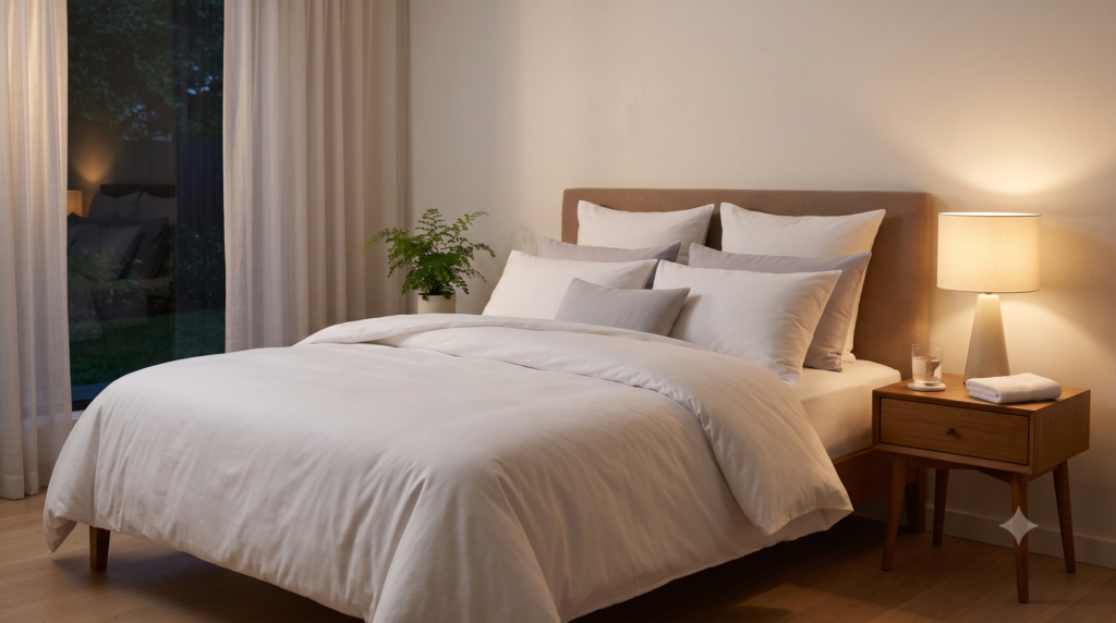 Peaceful bedroom environment representing sleep and relaxation during cancer care